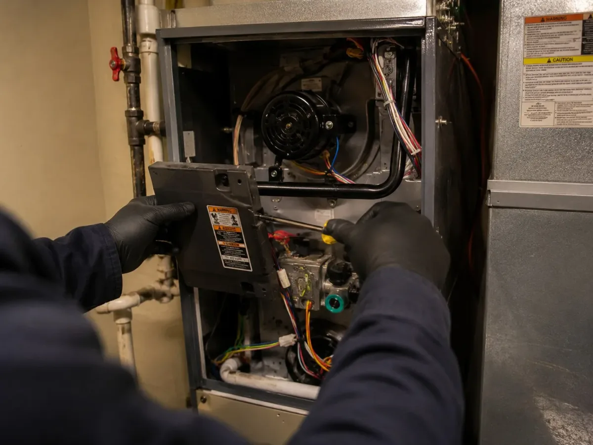 Westside Comfort Solutions technician servicing a residential furnace in Washington