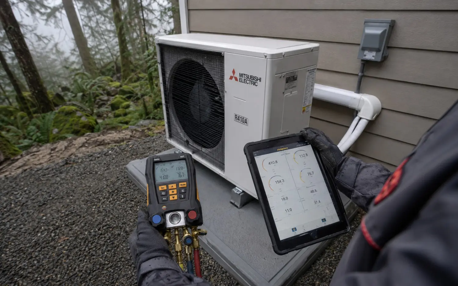 Westside Comfort Solutions technician commissioning a newly installed cold-climate heat pump at a Western Washington home