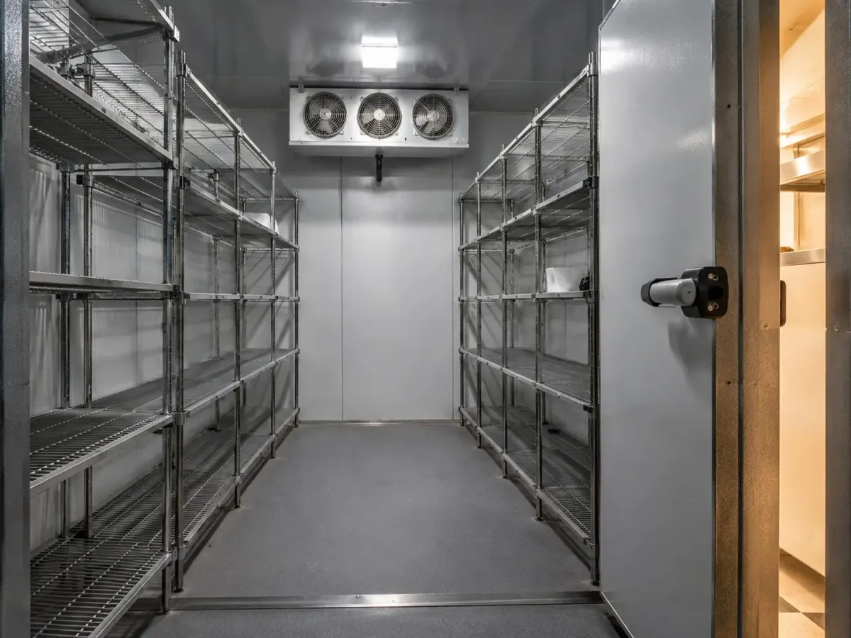 Inside a commercial walk-in cooler serviced by Westside Comfort Solutions in Renton, WA